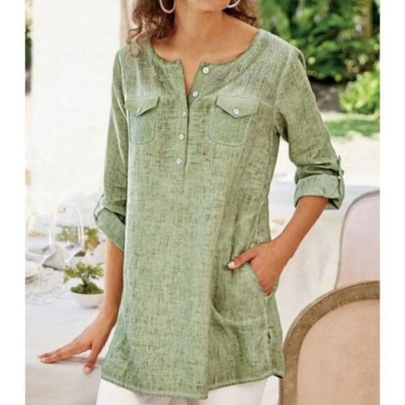 Green Sequin Linen Tunic Top - Picture 1 of 8